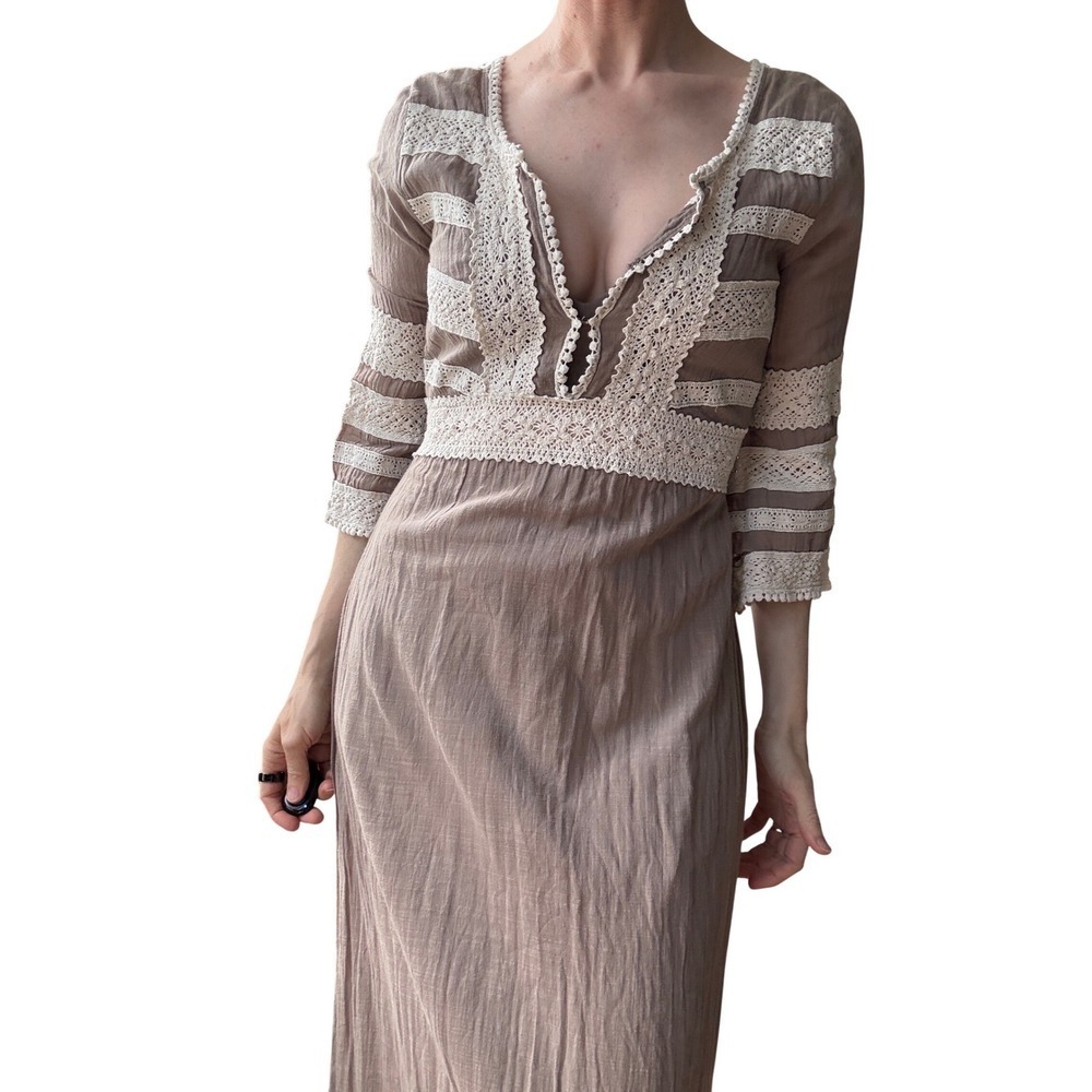 Vintage crochet lace trim‎ maxi dress taupe XS